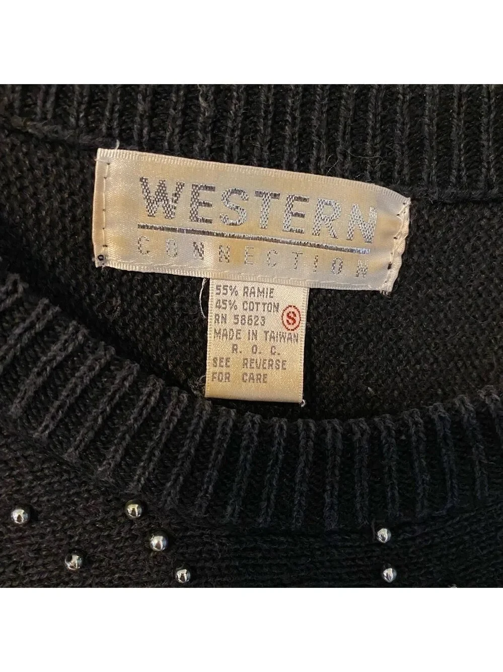 Western Connection - ladies black beaded small sweater. Ramie and Cotton
